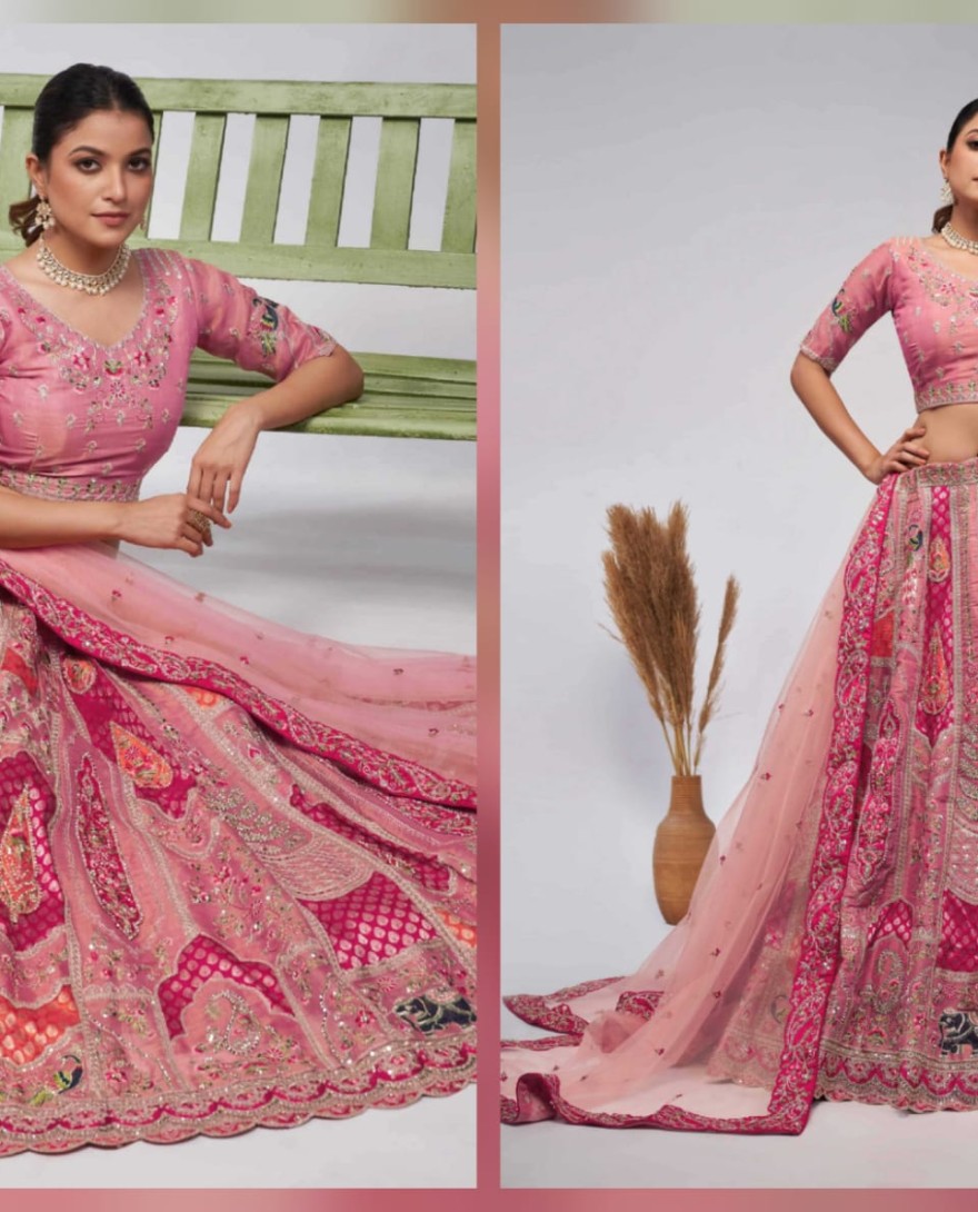 492 Pink - Pretty Pink paisley Motifs traditional embroidered wedding Lehenga